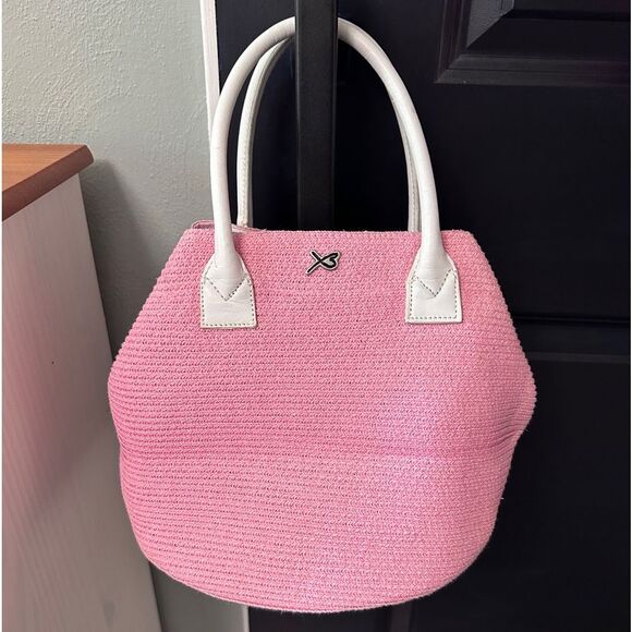 Betmar New York Pink Straw Purse with White Leather Handles - Picture 1 of 6